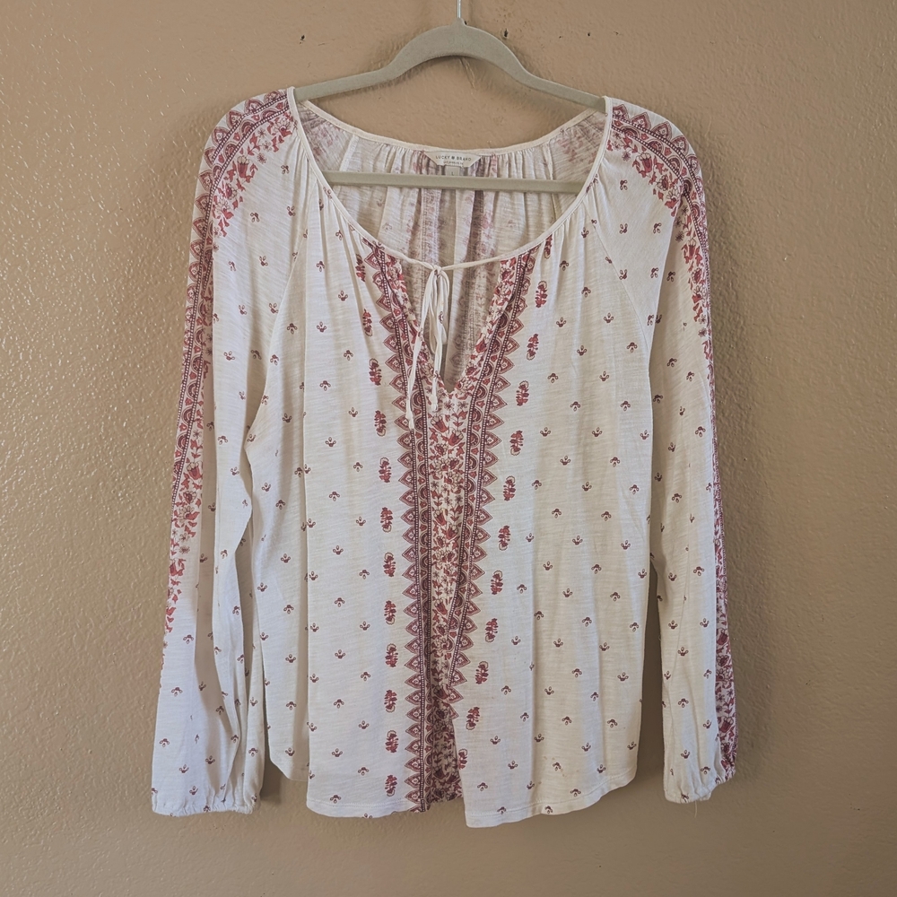 Lucky Brand Light Cream and Maroon Pattern Boho Style Long Sleeve Blouse